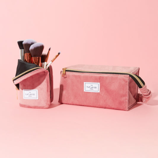 Rosa Samt Box-Form Kosmetiktasche und Pinsel-Etui-Set