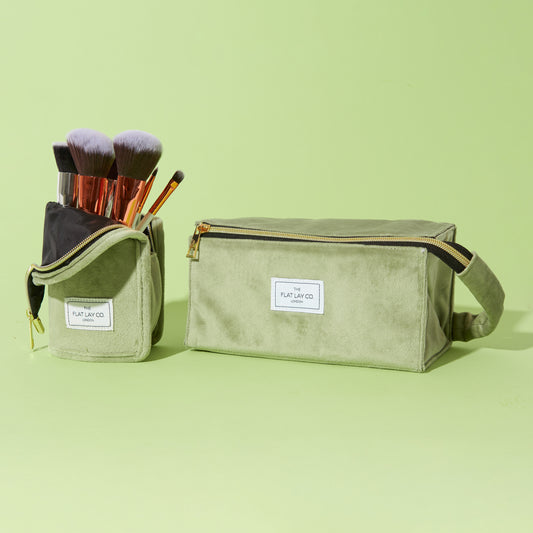 Salbeigrüner Samt Box-Form Kosmetiktasche und Pinsel-Etui-Set