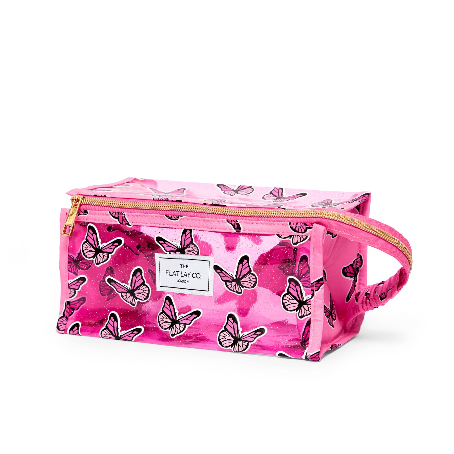 Jelly Flat Lay Makeup Box Bag - Pink Glitter Butterflies