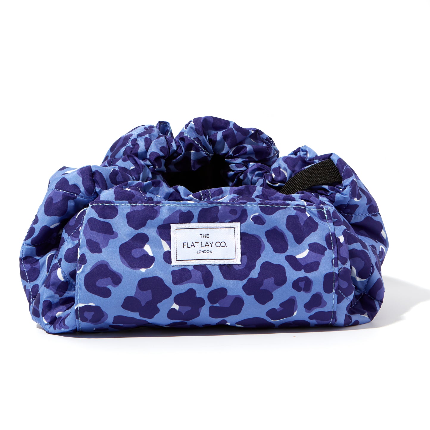 Blue Leopard Drawstring Flat Lay Makeup Bag