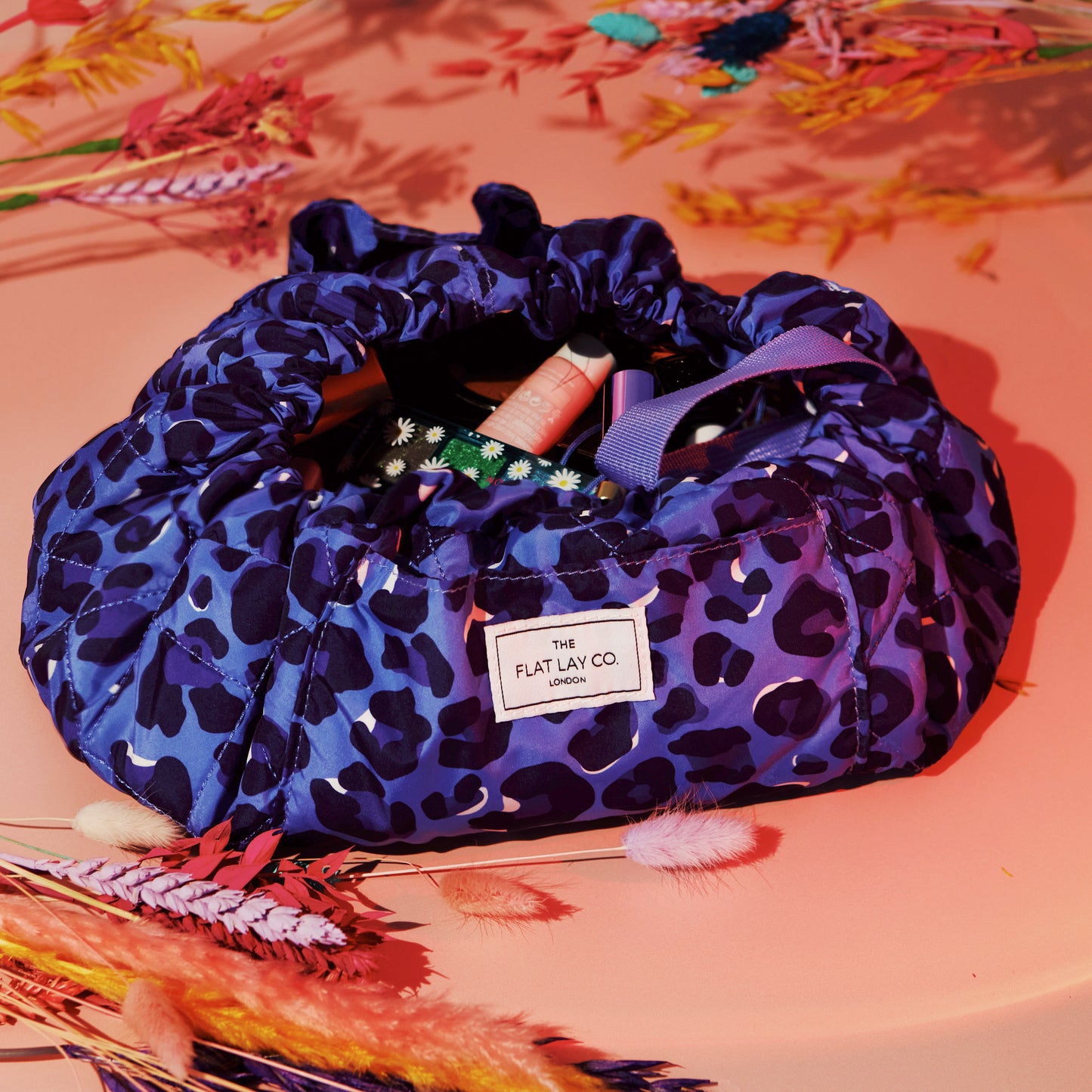 Blue Leopard Drawstring Flat Lay Makeup Bag