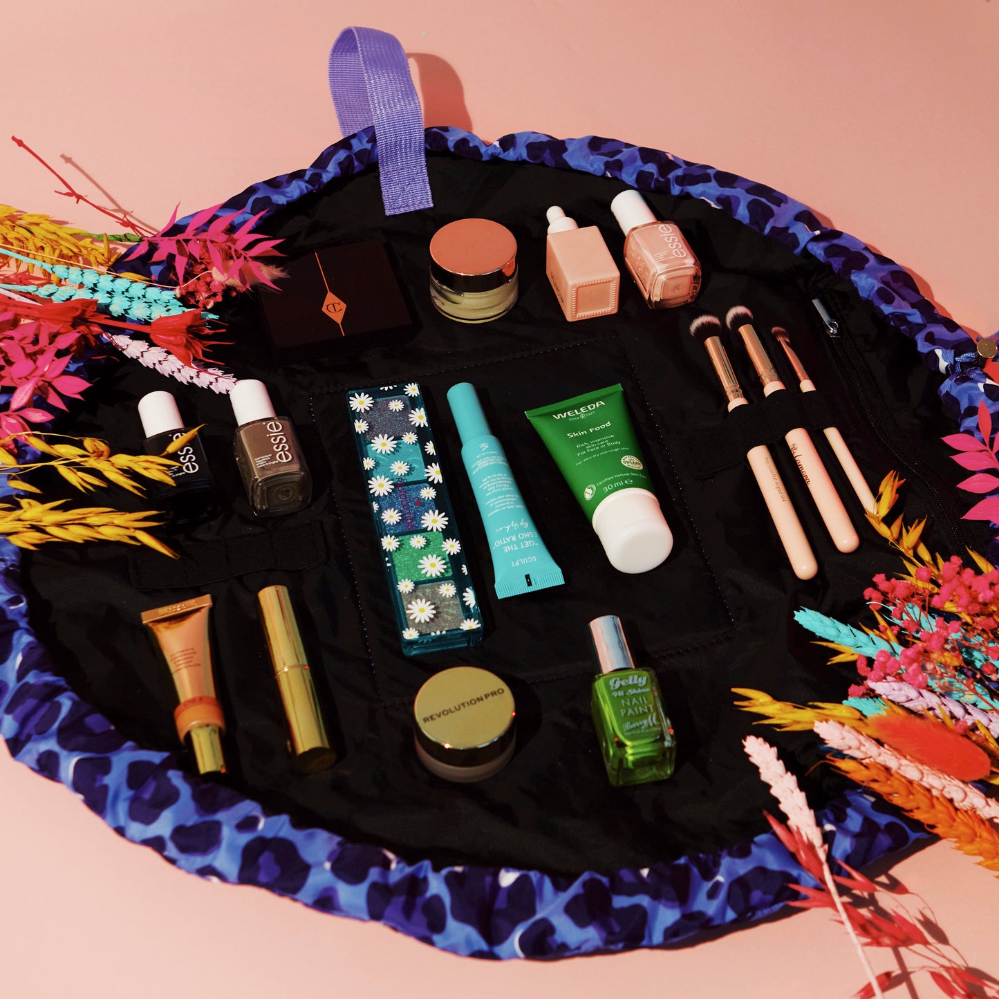 Blue Leopard Drawstring Flat Lay Makeup Bag