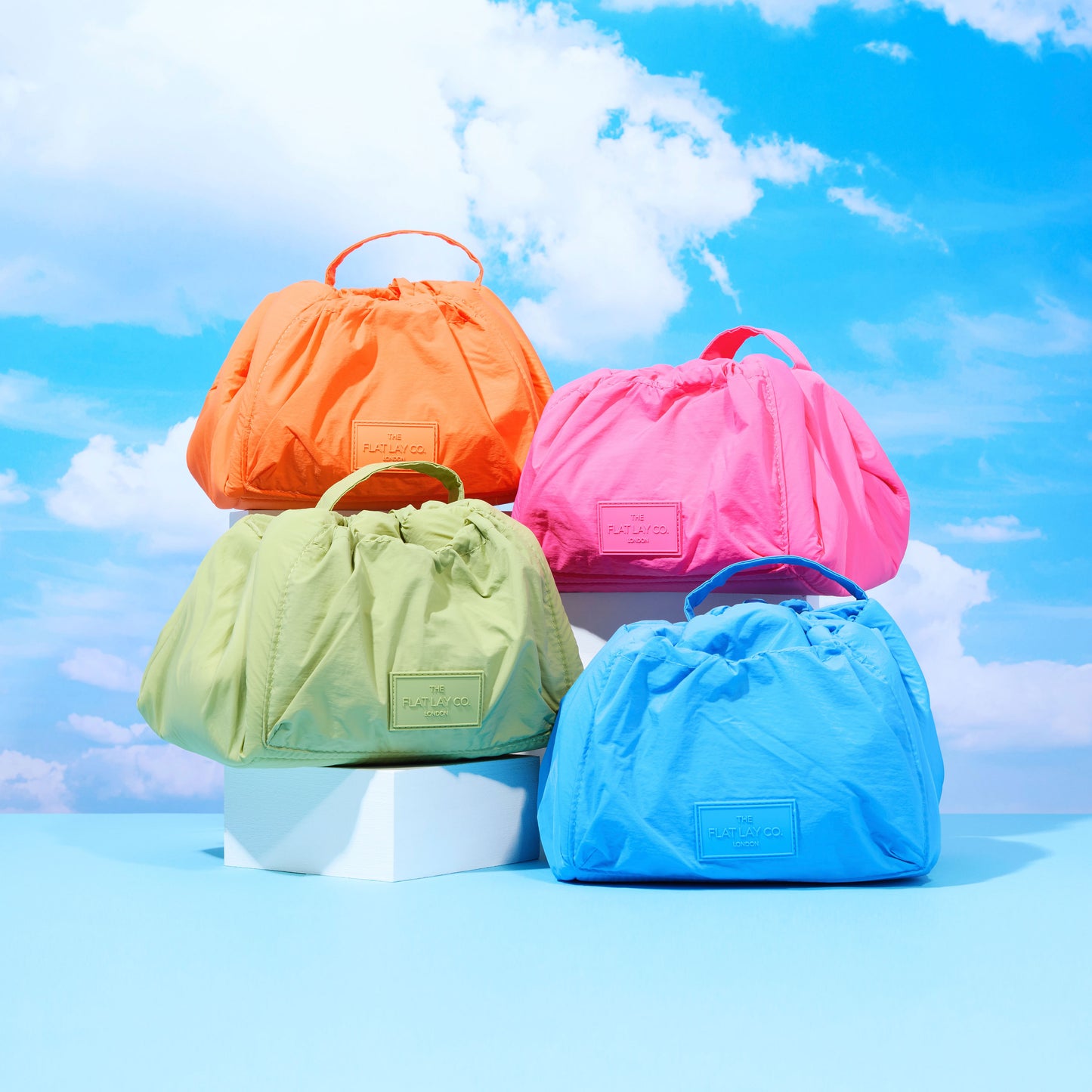 Hot Pink Parachute Drawstring Flat Lay Makeup Bag
