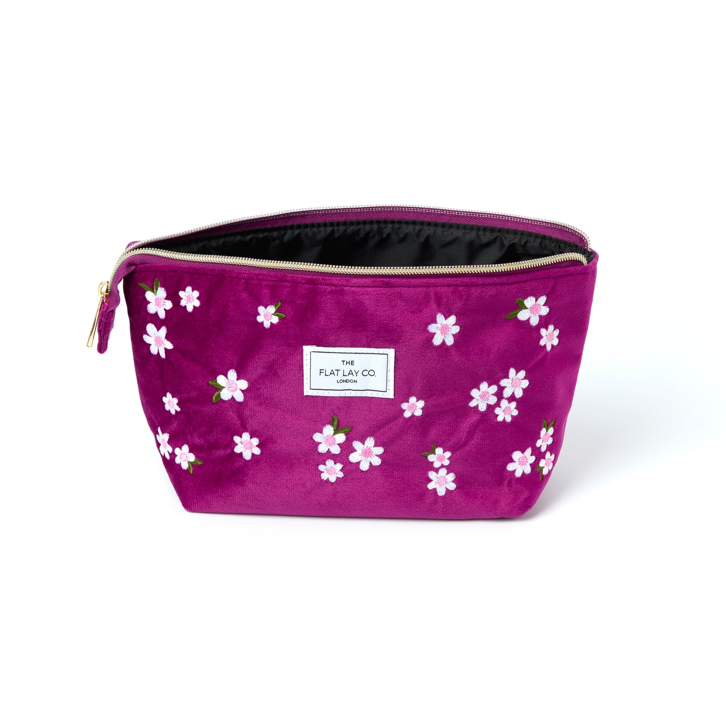 Plum Daisy Embroidered Velvet Essential Makeup Pouch