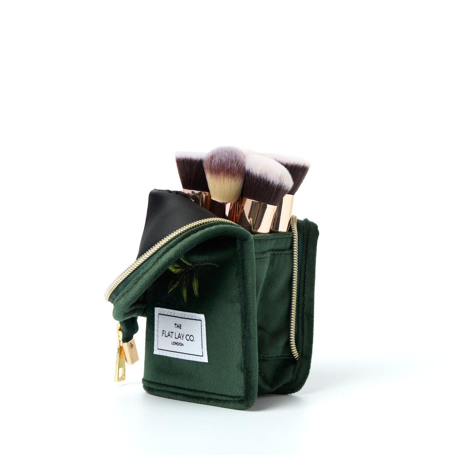 Green Leaves Embroidered Velvet Standing Makeup Brush Case