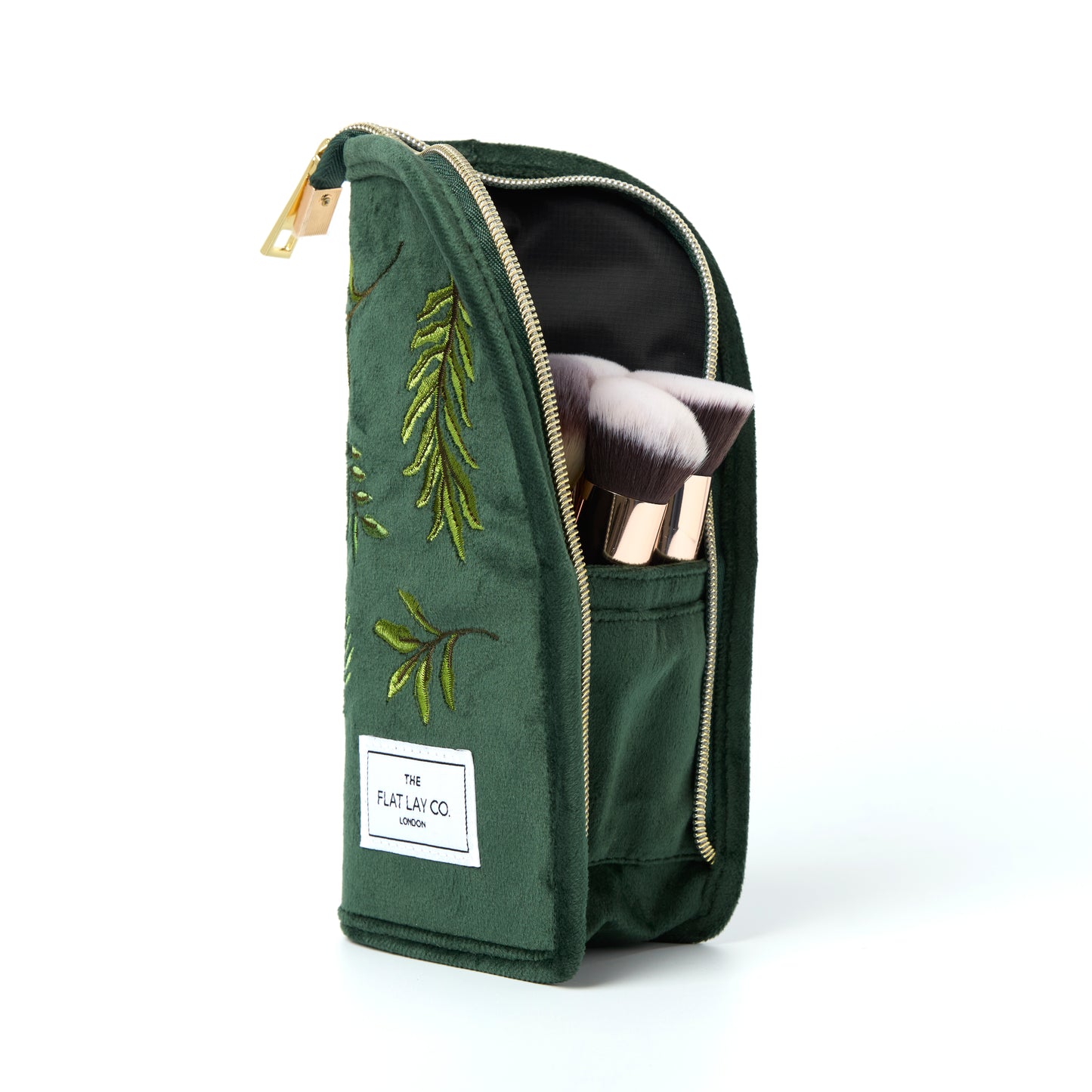 Green Leaves Embroidered Velvet Standing Makeup Brush Case