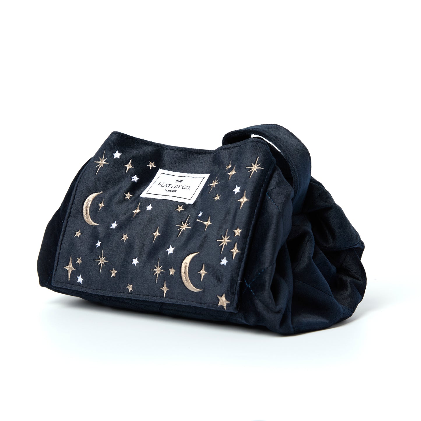 Blue Celestial Embroidered Velvet Drawstring Flat Lay Makeup Bag