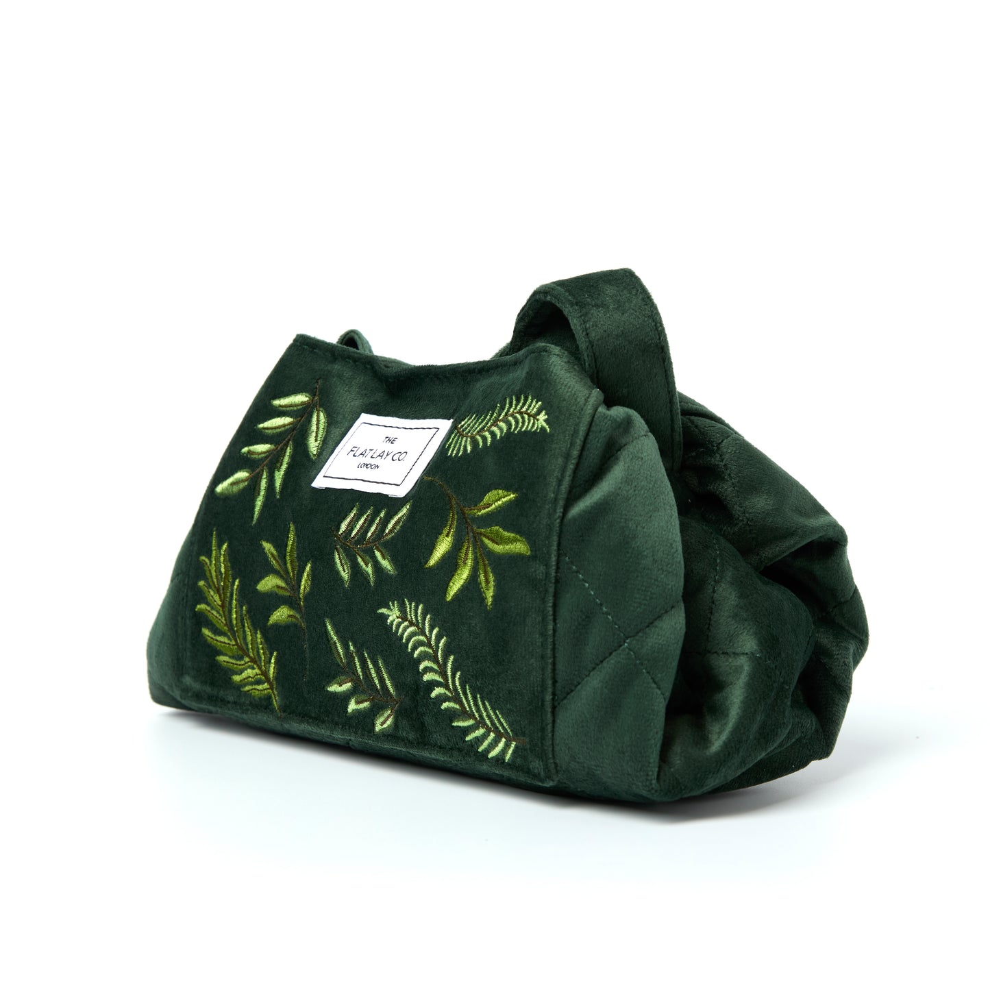 Green Leaves Embroidered Velvet Drawstring Flat Lay Makeup Bag