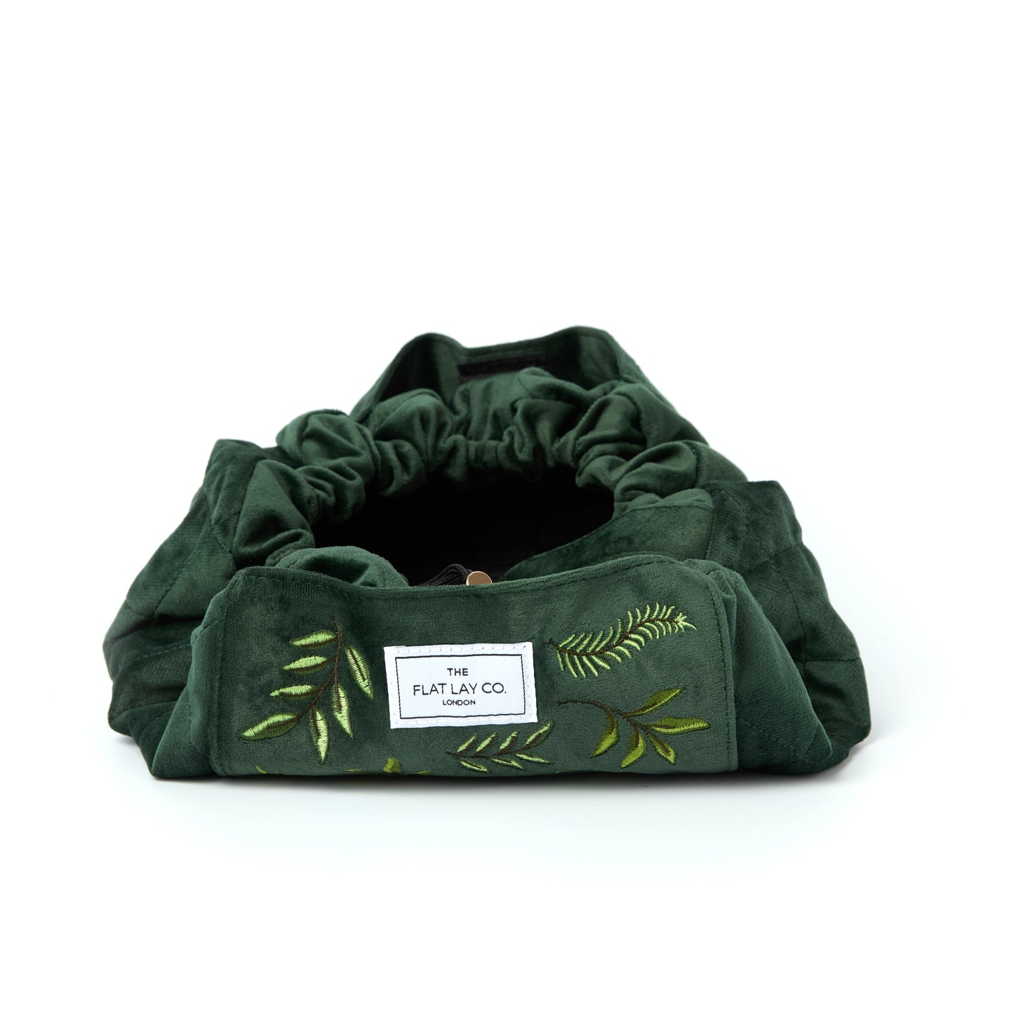 Green Leaves Embroidered Velvet Drawstring Flat Lay Makeup Bag