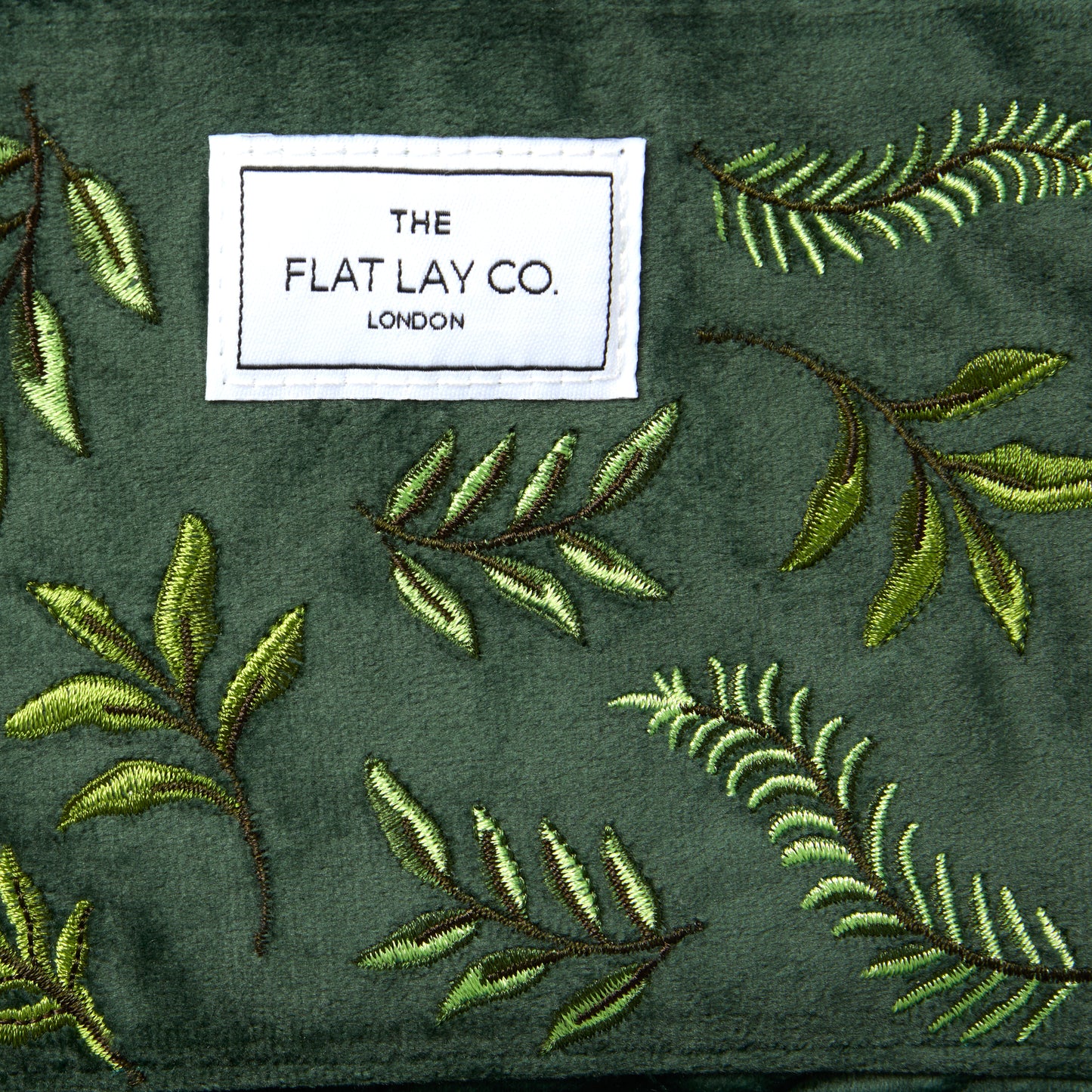 Green Leaves Embroidered Velvet Drawstring Flat Lay Makeup Bag