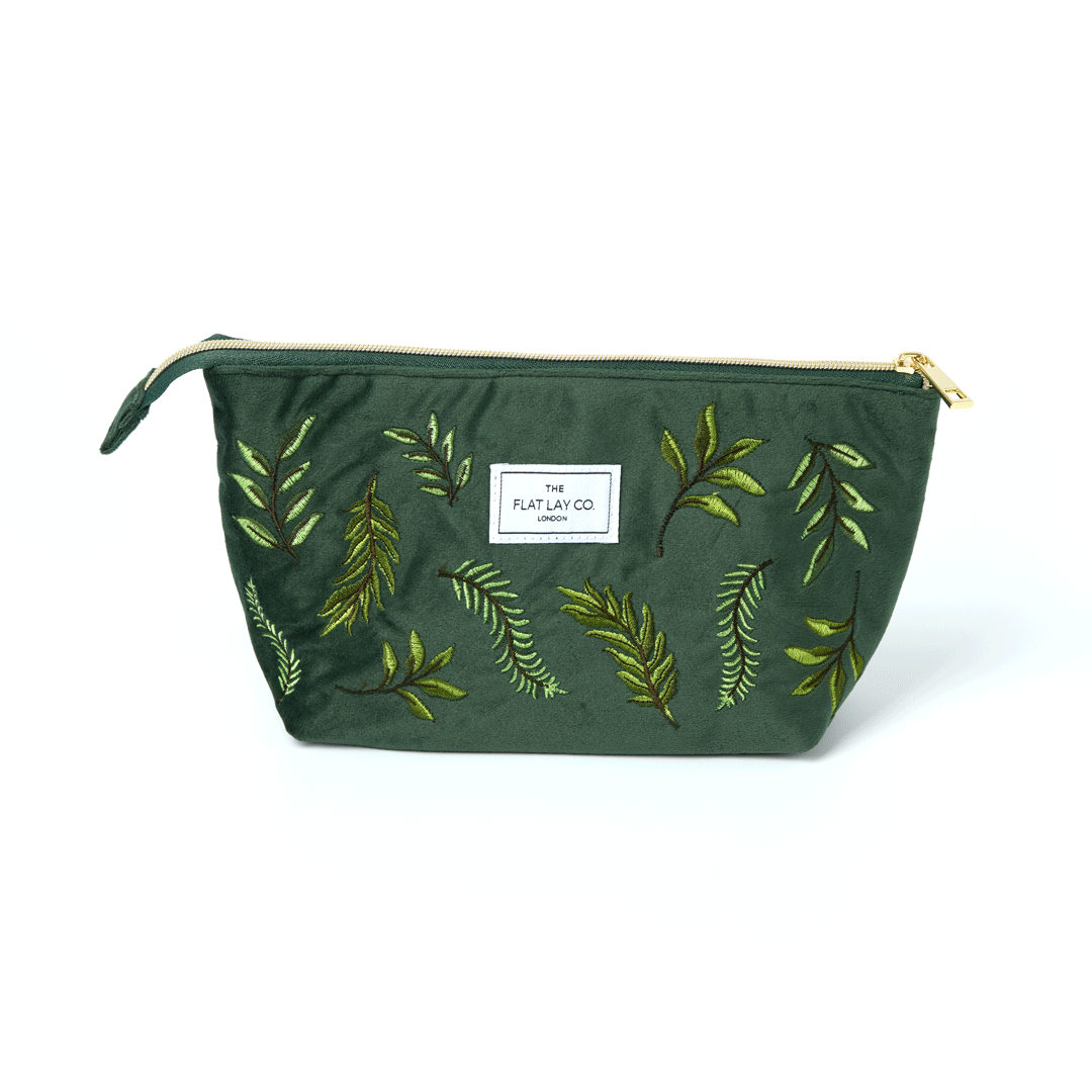 Green Leaves Embroidered Velvet Essential Makeup Pouch