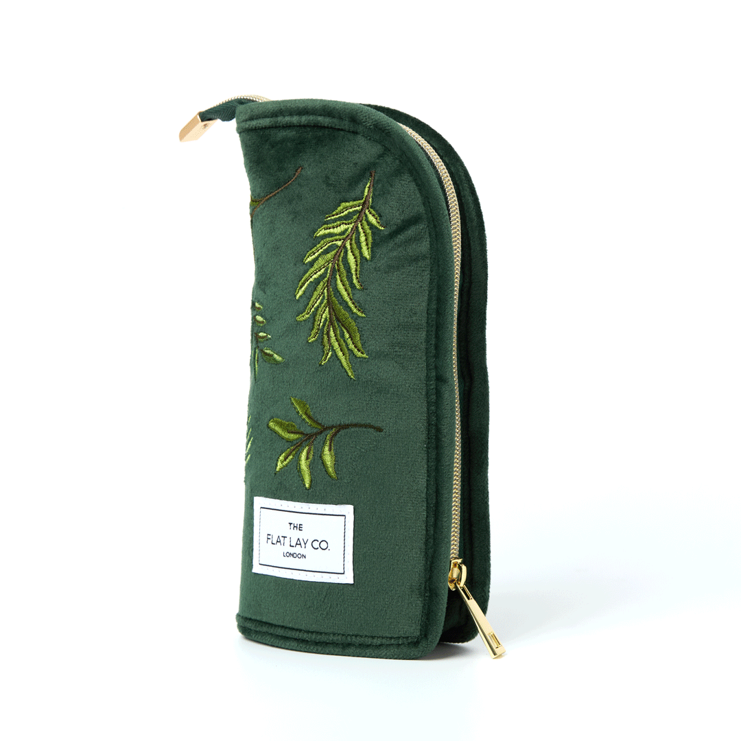 Green Leaves Embroidered Velvet Standing Makeup Brush Case