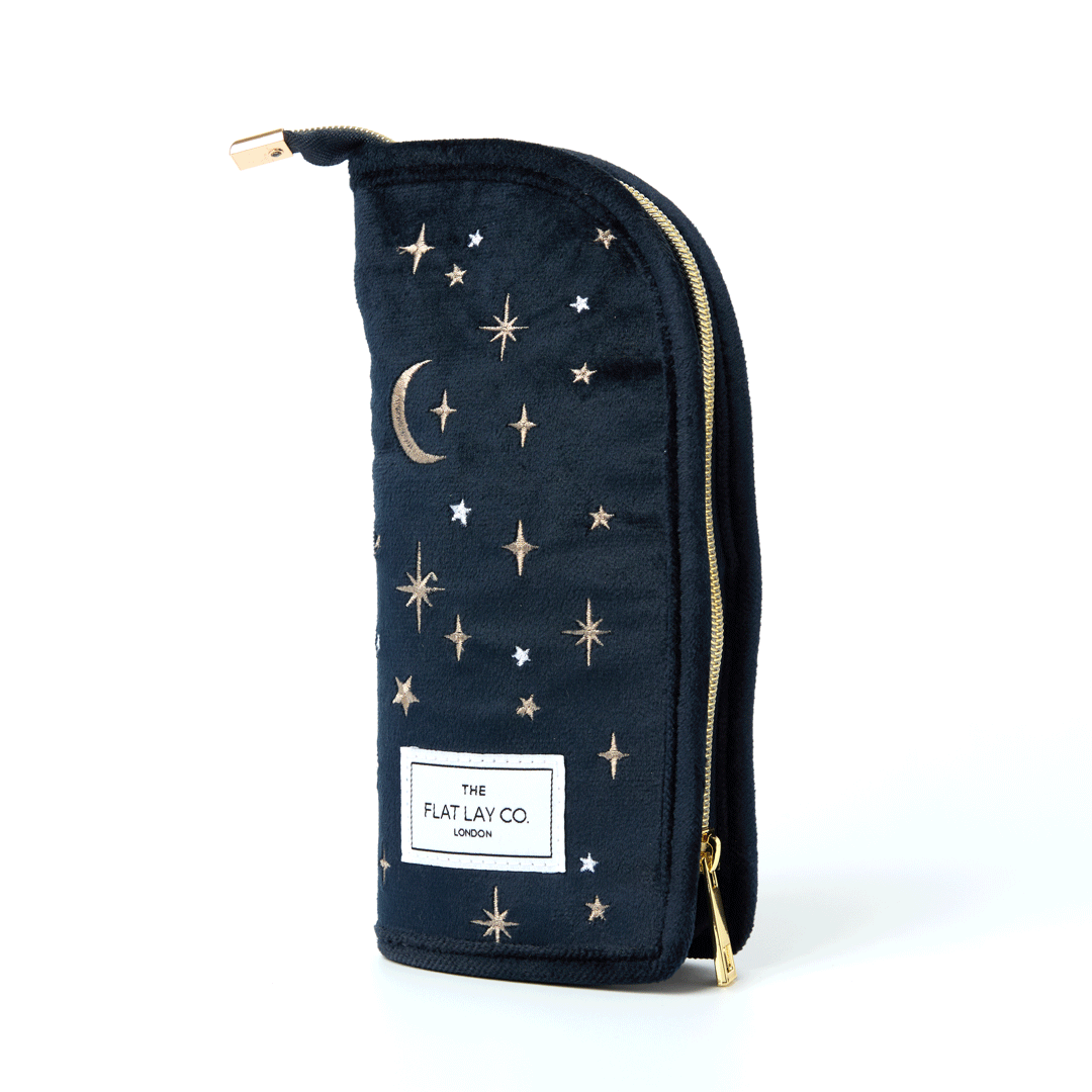 Blue Celestial Embroidered Velvet Standing Makeup Brush Case