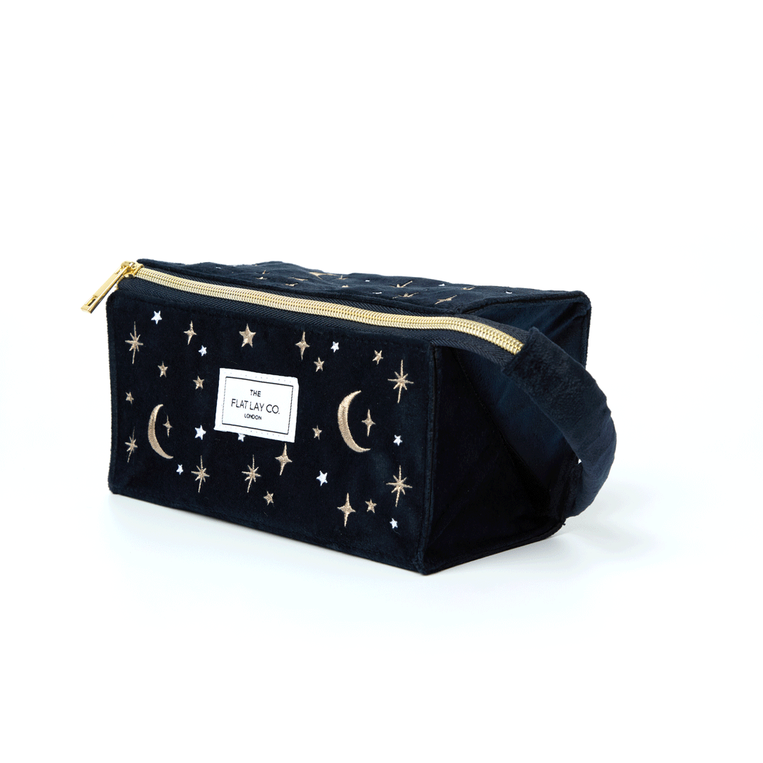 Blue Celestial Embroidered Velvet Flat Lay Makeup Box Bag