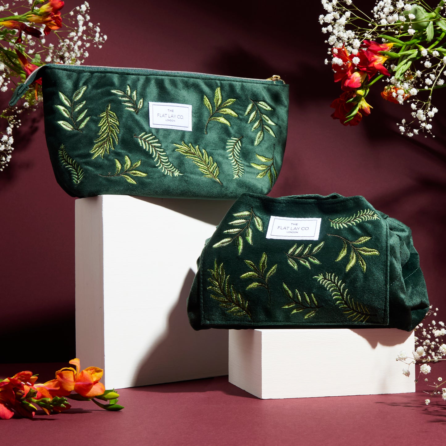 Green Leaves Embroidered Velvet Drawstring Flat Lay Makeup Bag