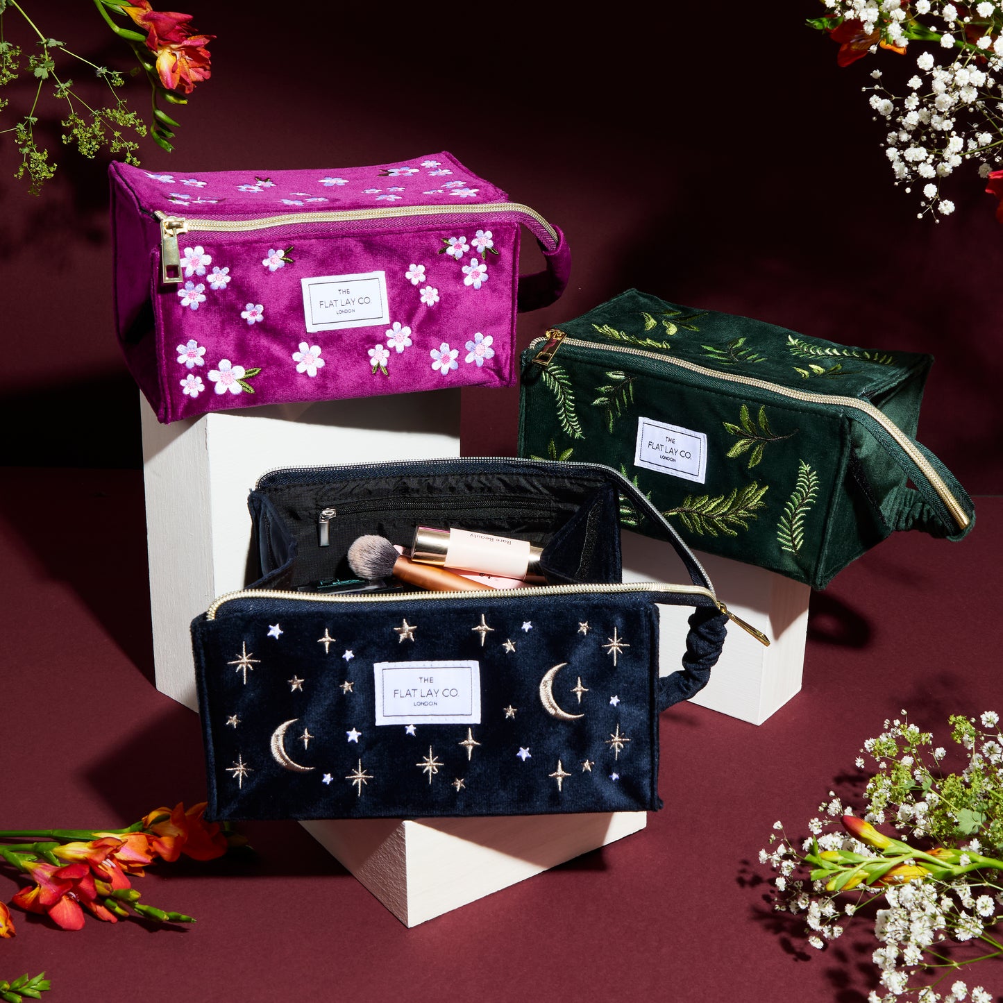 Blue Celestial Embroidered Velvet Flat Lay Makeup Box Bag