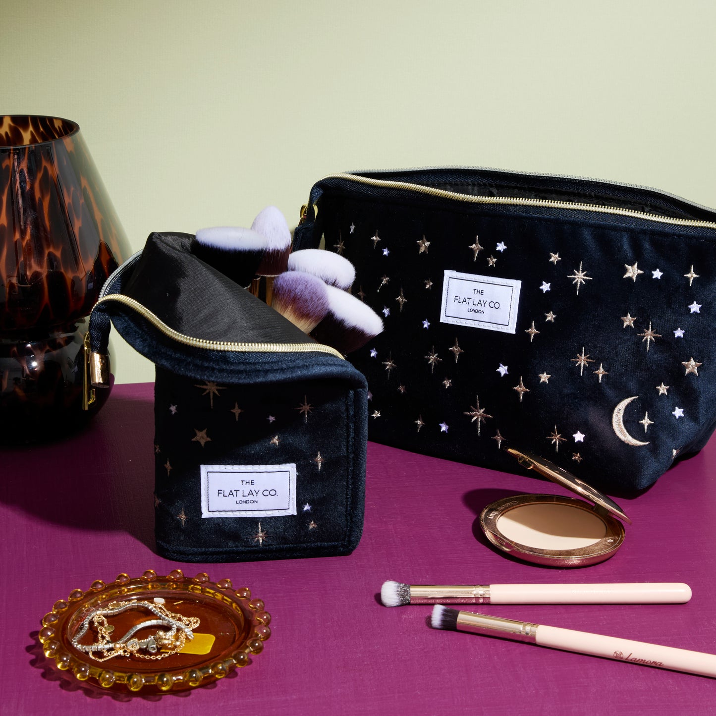 Blue Celestial Embroidered Velvet Standing Makeup Brush Case