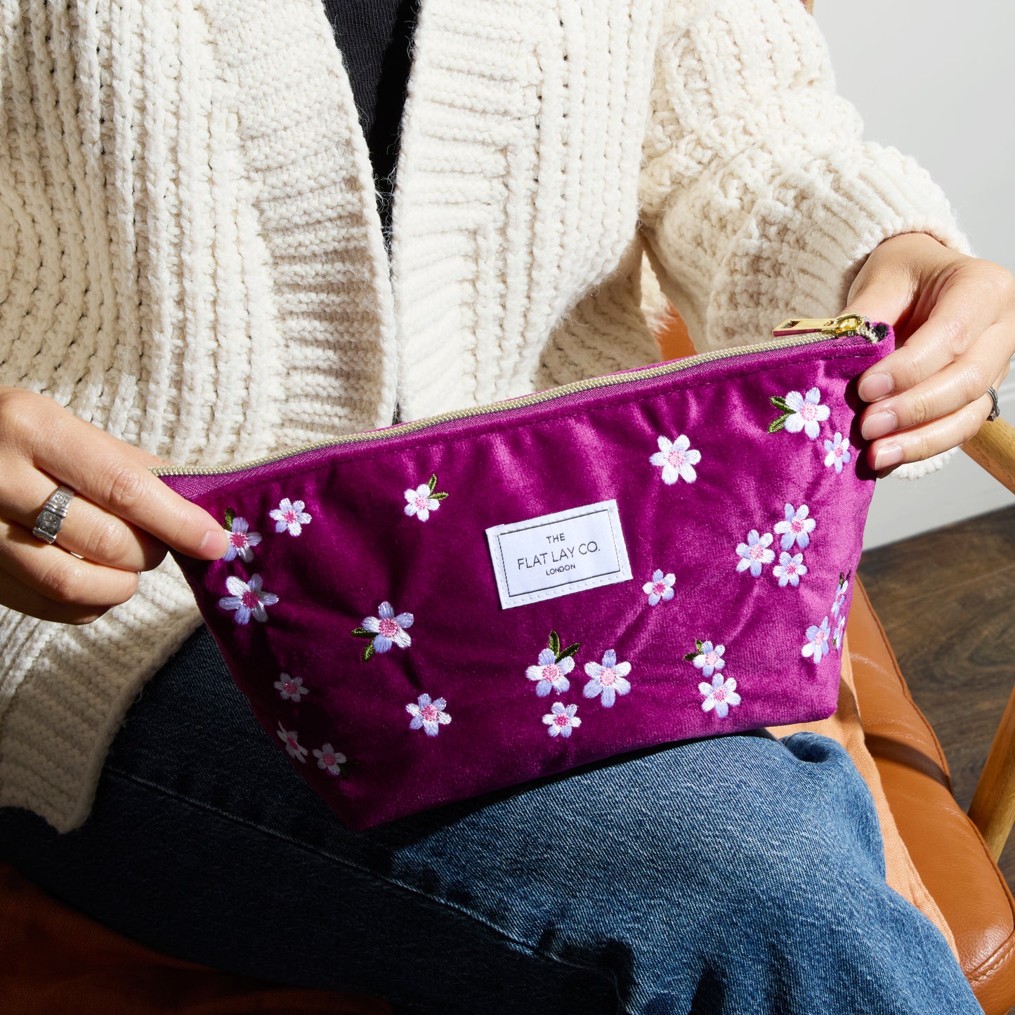 Plum Daisy Embroidered Velvet Essential Makeup Pouch