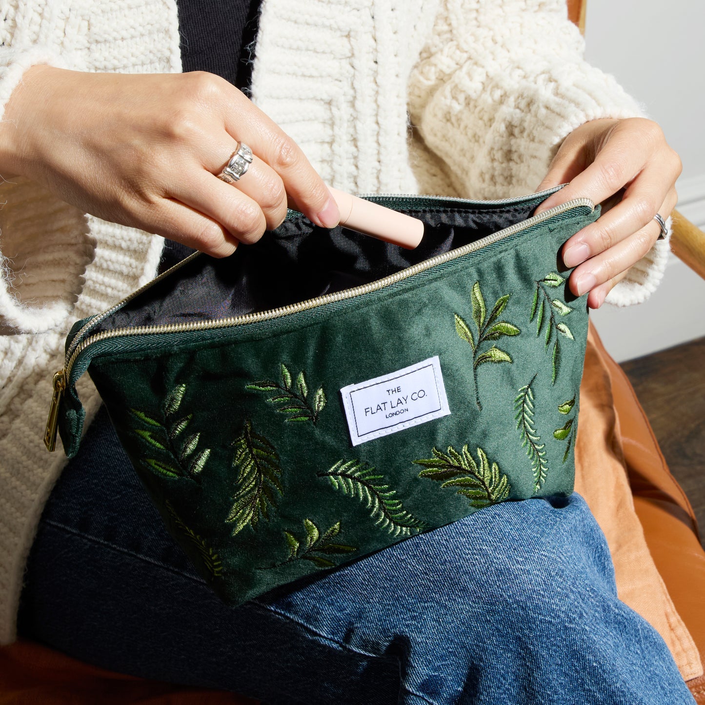 Green Leaves Embroidered Velvet Essential Makeup Pouch