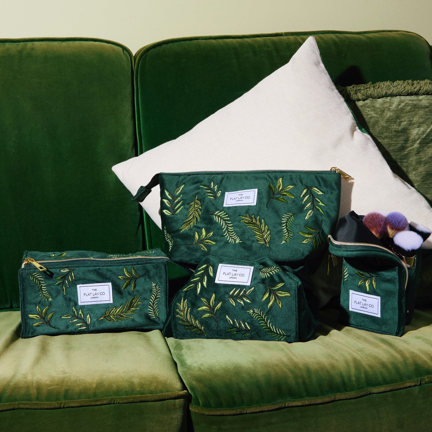 Green Leaves Embroidered Velvet Drawstring Flat Lay Makeup Bag