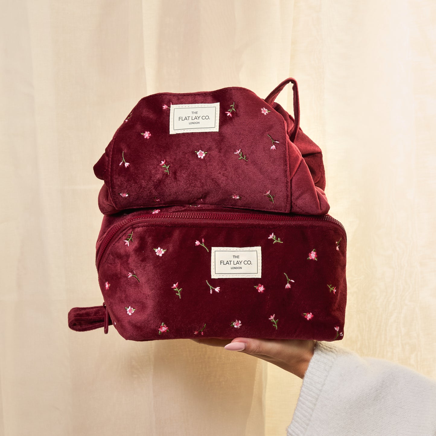 Drawstring Kosmetiktasche - Bordeaux Ditsy-Rosen Samt