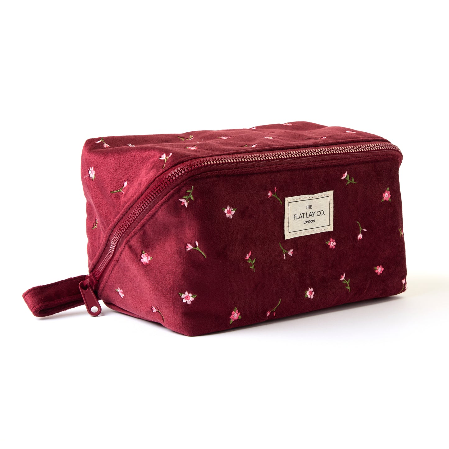 Box-Form Kosmetiktasche - Bordeaux Ditsy-Rosen Samt