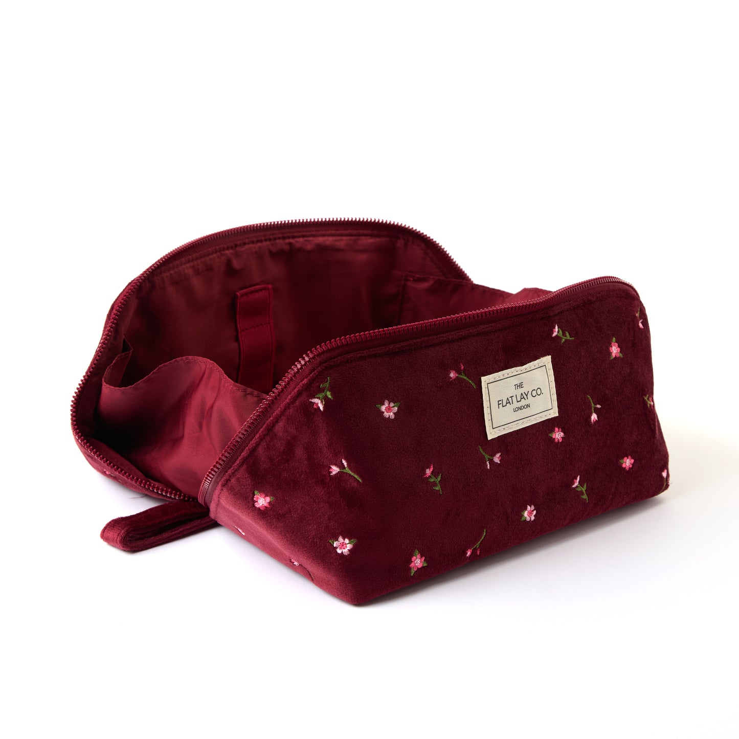 Box-Form Kosmetiktasche - Bordeaux Ditsy-Rosen Samt