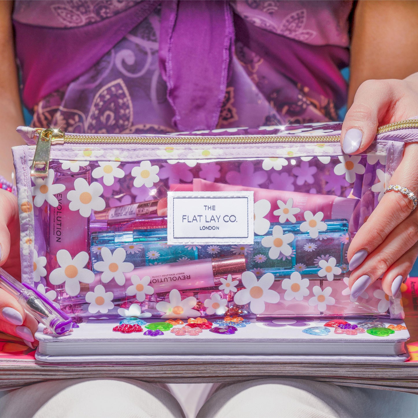 Lilac Daisy Jelly Flat Lay Makeup Box Bag