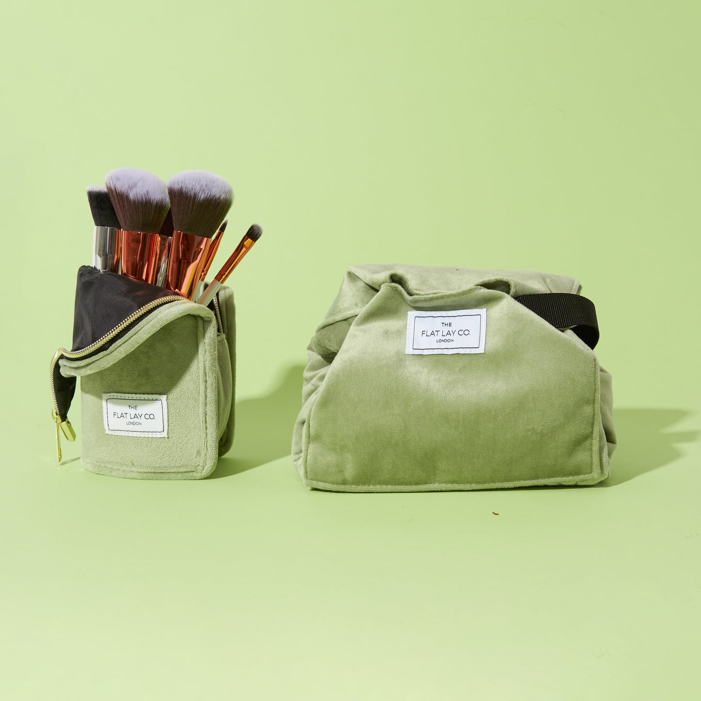 Sage Green Velvet Drawstring Flat Lay Makeup Bag