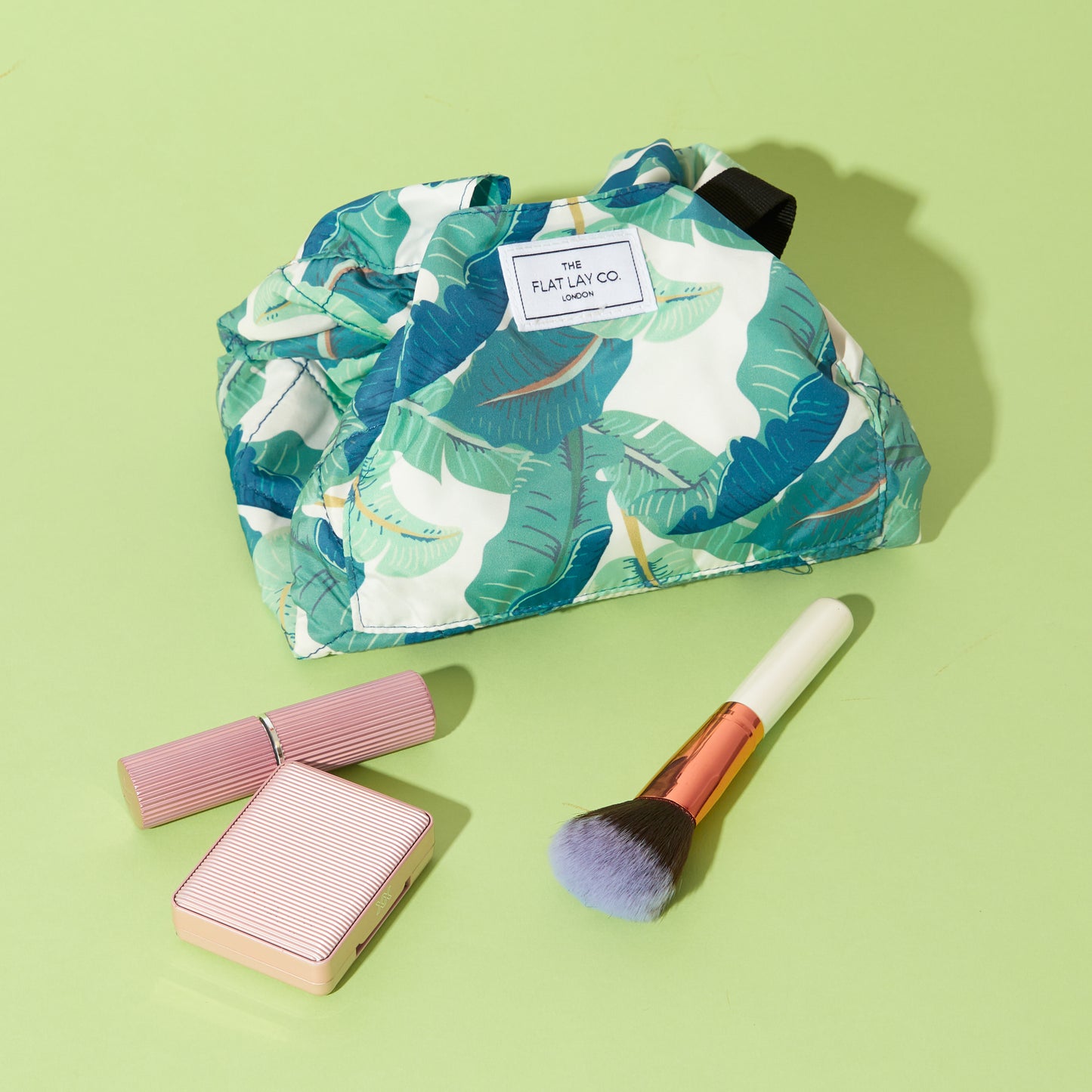 Tropical Leaves Drawstring Flat Lay Makeup Bag