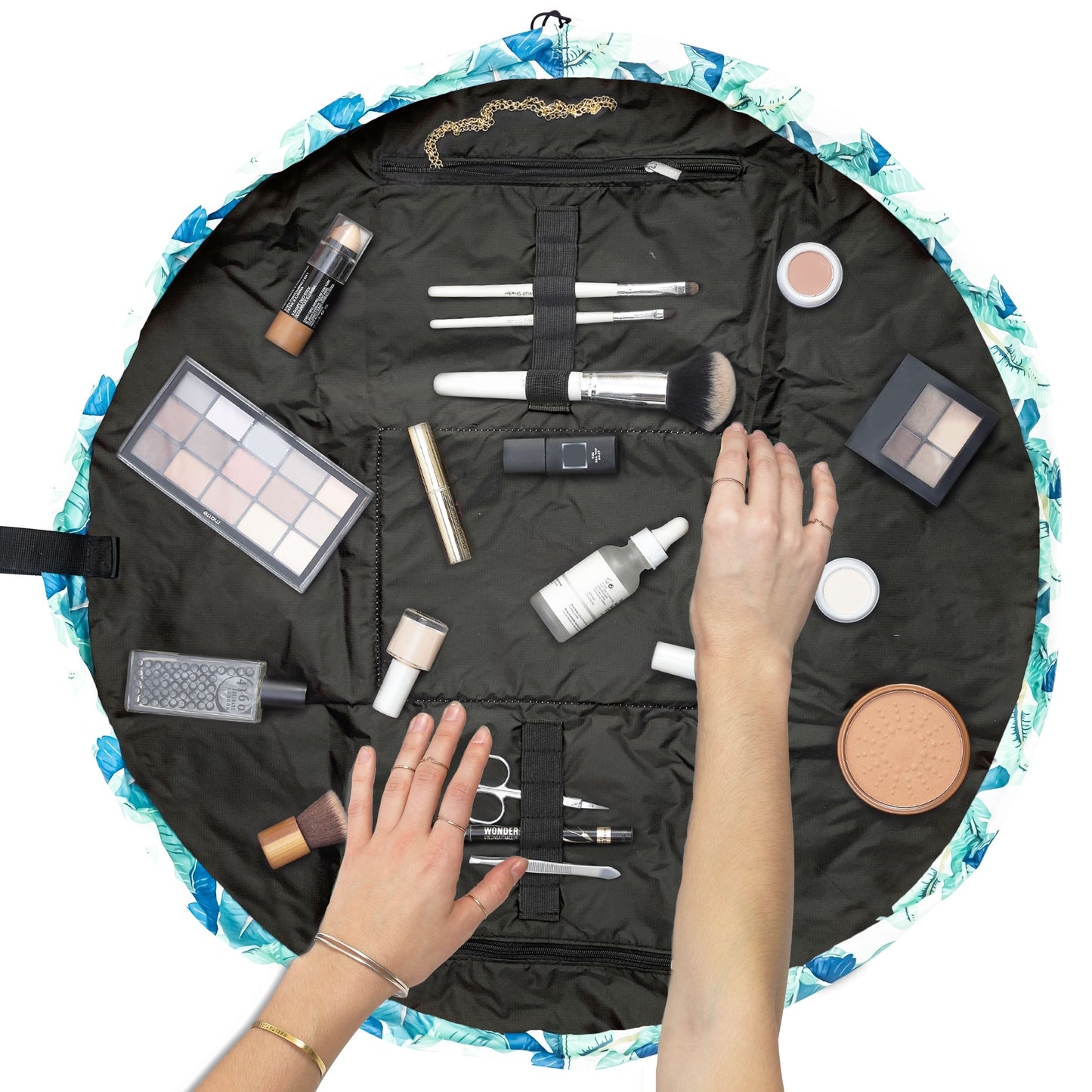 Tropical Leaves XXL Drawstring Flat Lay Makeup Bag