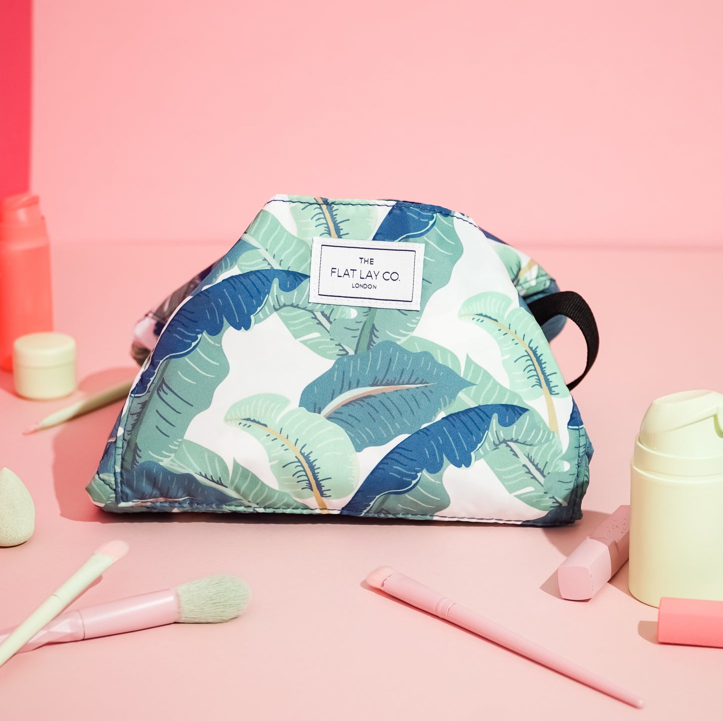 Tropical Leaves XXL Drawstring Flat Lay Makeup Bag