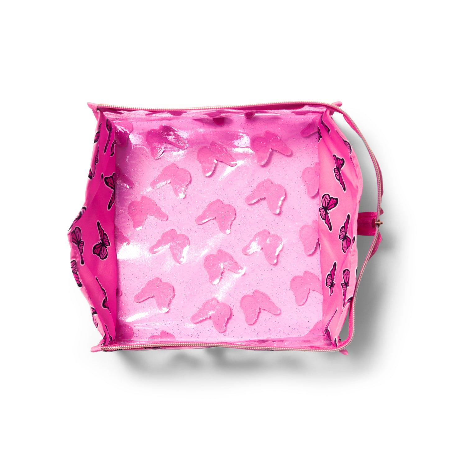 Jelly Flat Lay Makeup Box Bag - Pink Glitter Butterflies