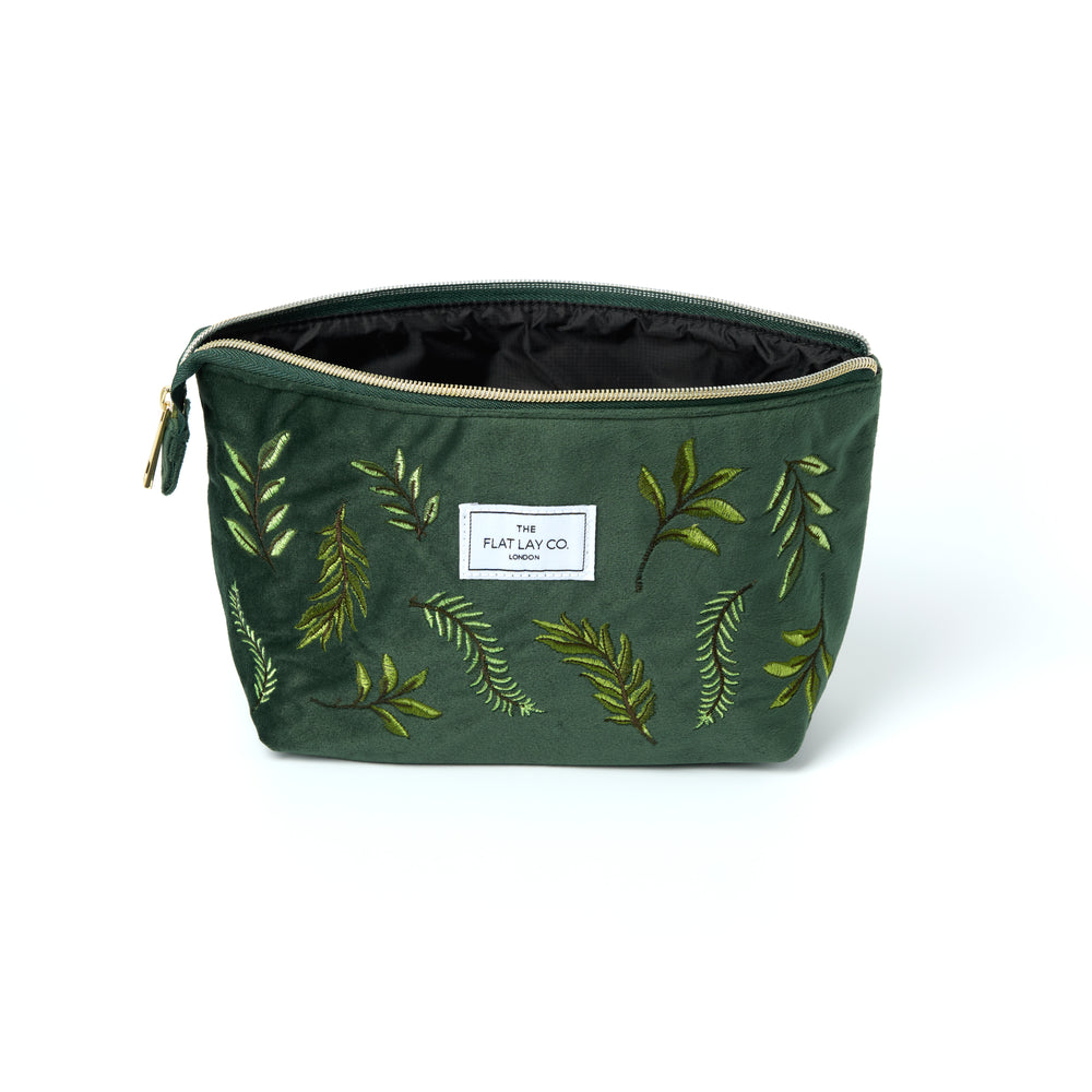 Green Leaves Embroidered Velvet Essential Makeup Pouch 