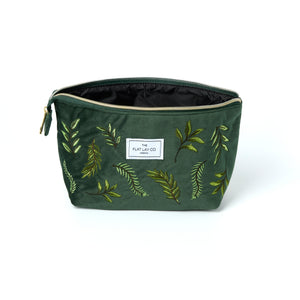 Green Leaves Embroidered Velvet Essential Makeup Pouch 