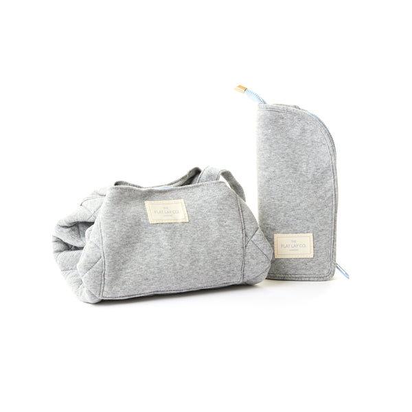 Drawstring Kosmetiktasche & Pinsel-Etui Set - Graue gerippte Baumwolle