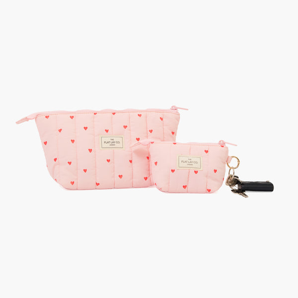 Padded Essential Pouch & Mini Keyring Bundle - Sweet Pink Hearts