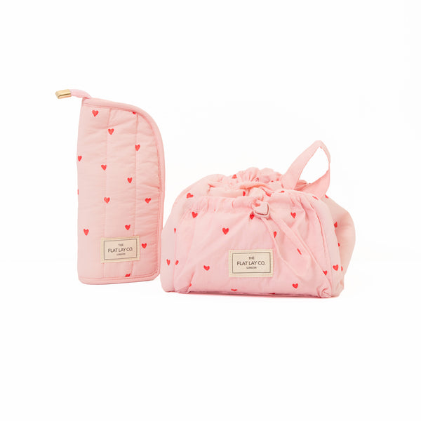 Drawstring Kosmetiktasche & Pinsel-Etui Set - Pinke Herzen
