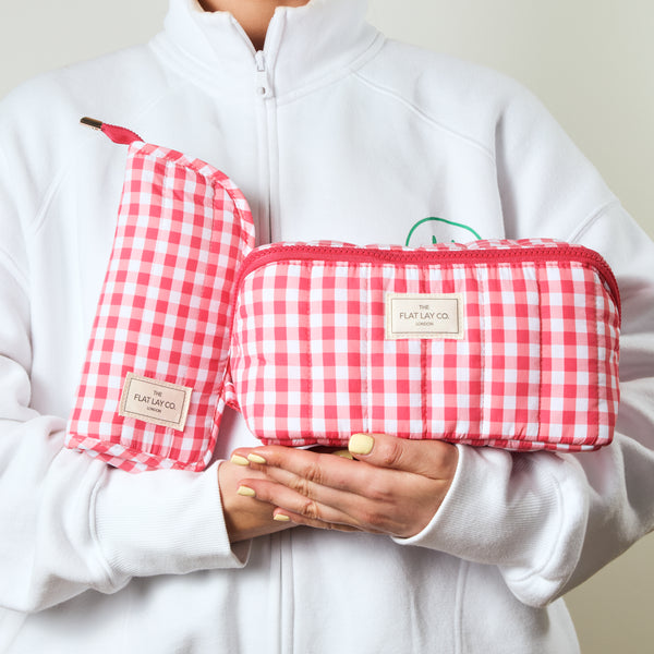 Padded Standing Makeup Brush Case - Red Gingham