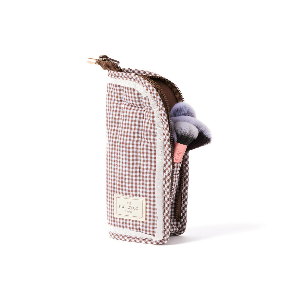 Standing Makeup Brush Case - Mocha Gingham