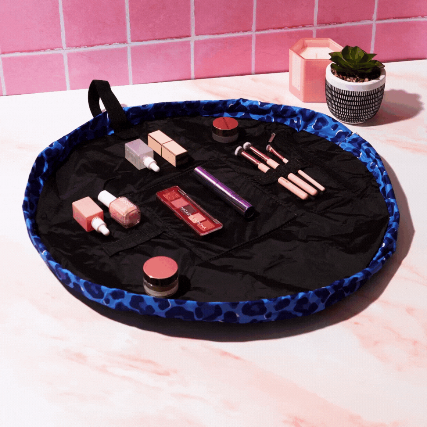 Blue Leopard Drawstring Flat Lay Makeup Bag