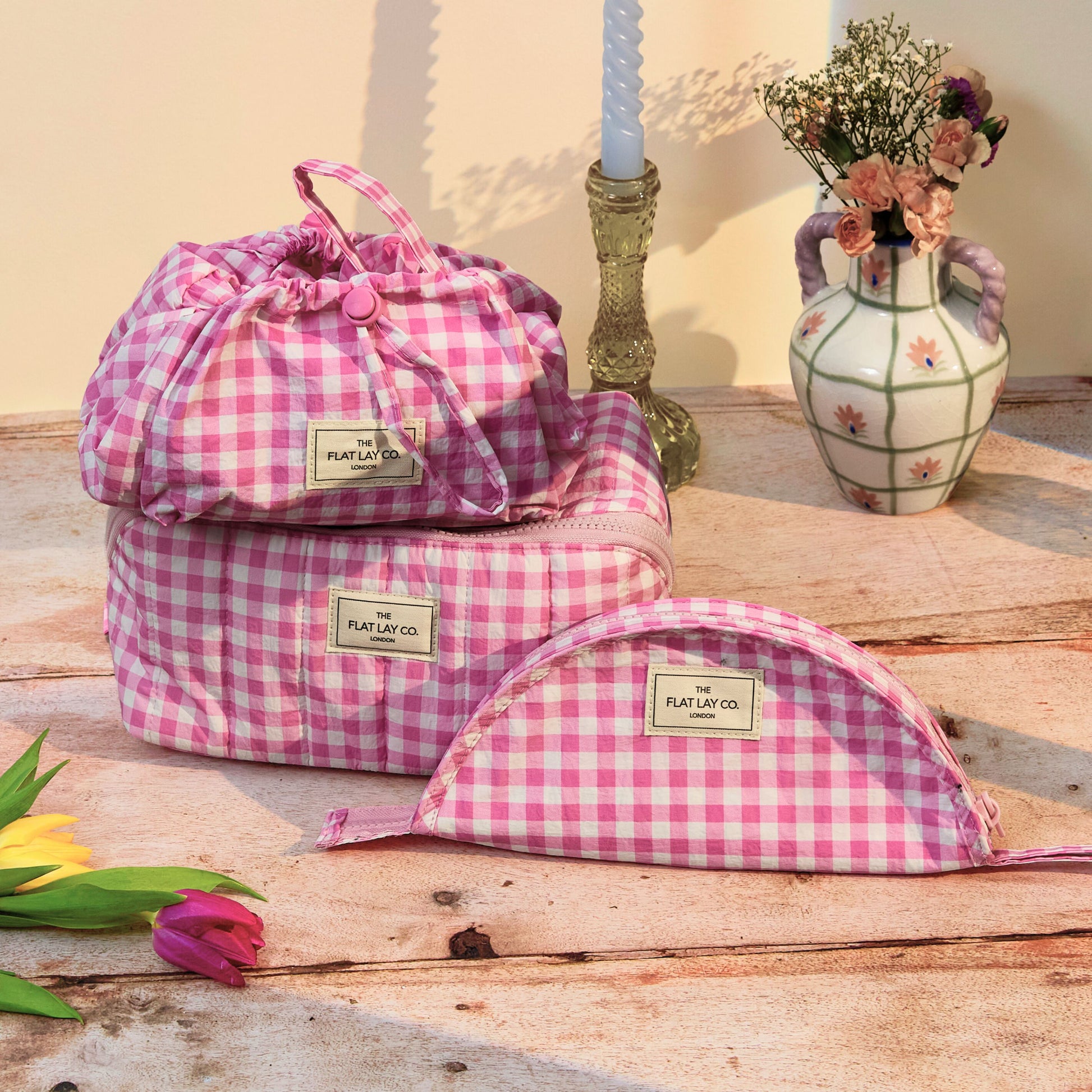 Pink Gingham Parachute Drawstring Bag
