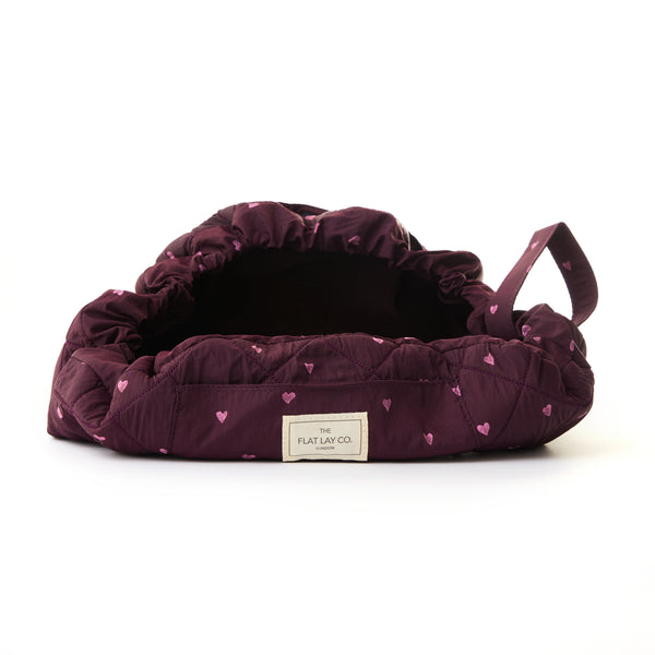 Parachute Drawstring Flat Lay Makeup Bag - Chocolate Plum Hearts