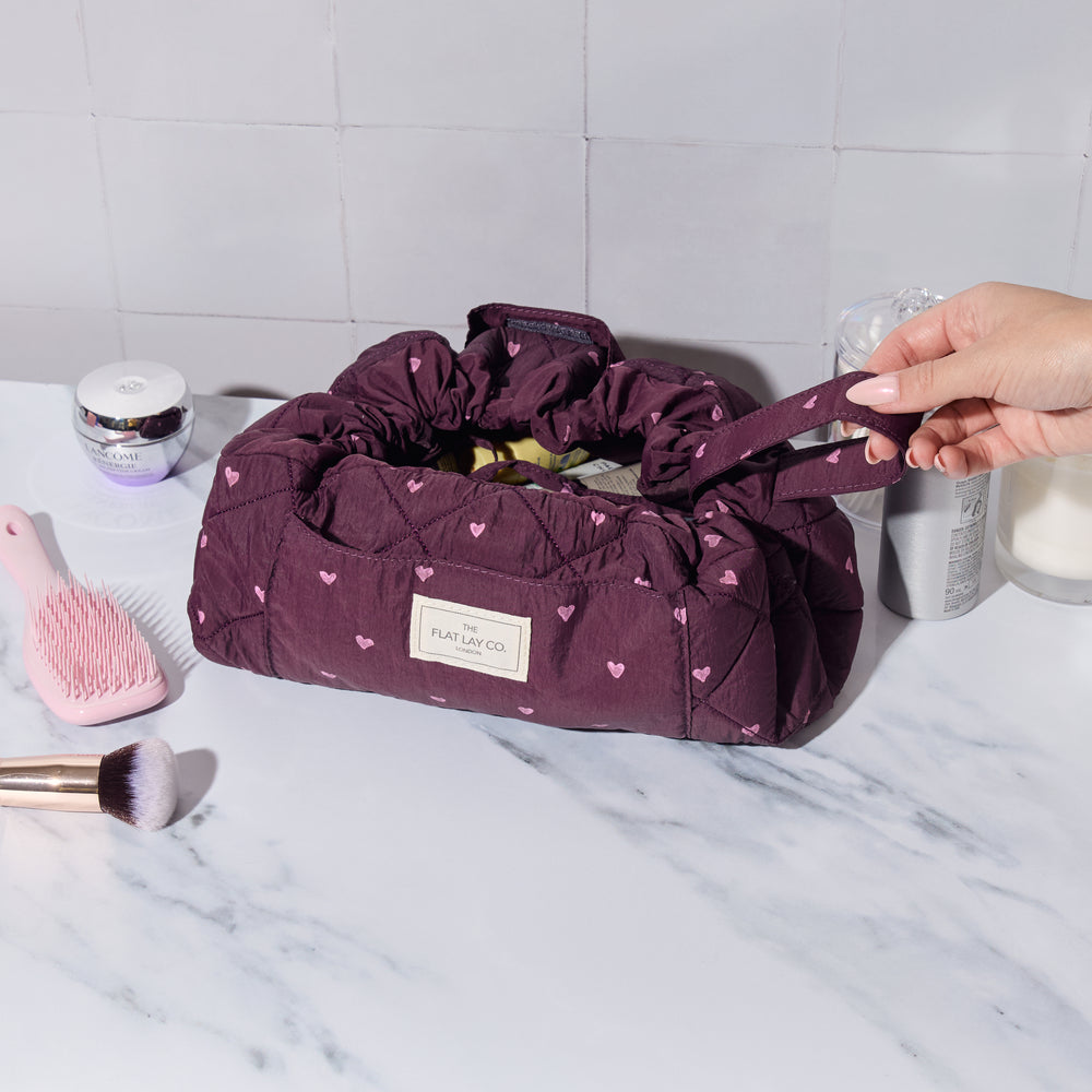 Parachute Drawstring Flat Lay Makeup Bag - Chocolate Plum Hearts