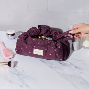 Parachute Drawstring Flat Lay Makeup Bag - Chocolate Plum Hearts