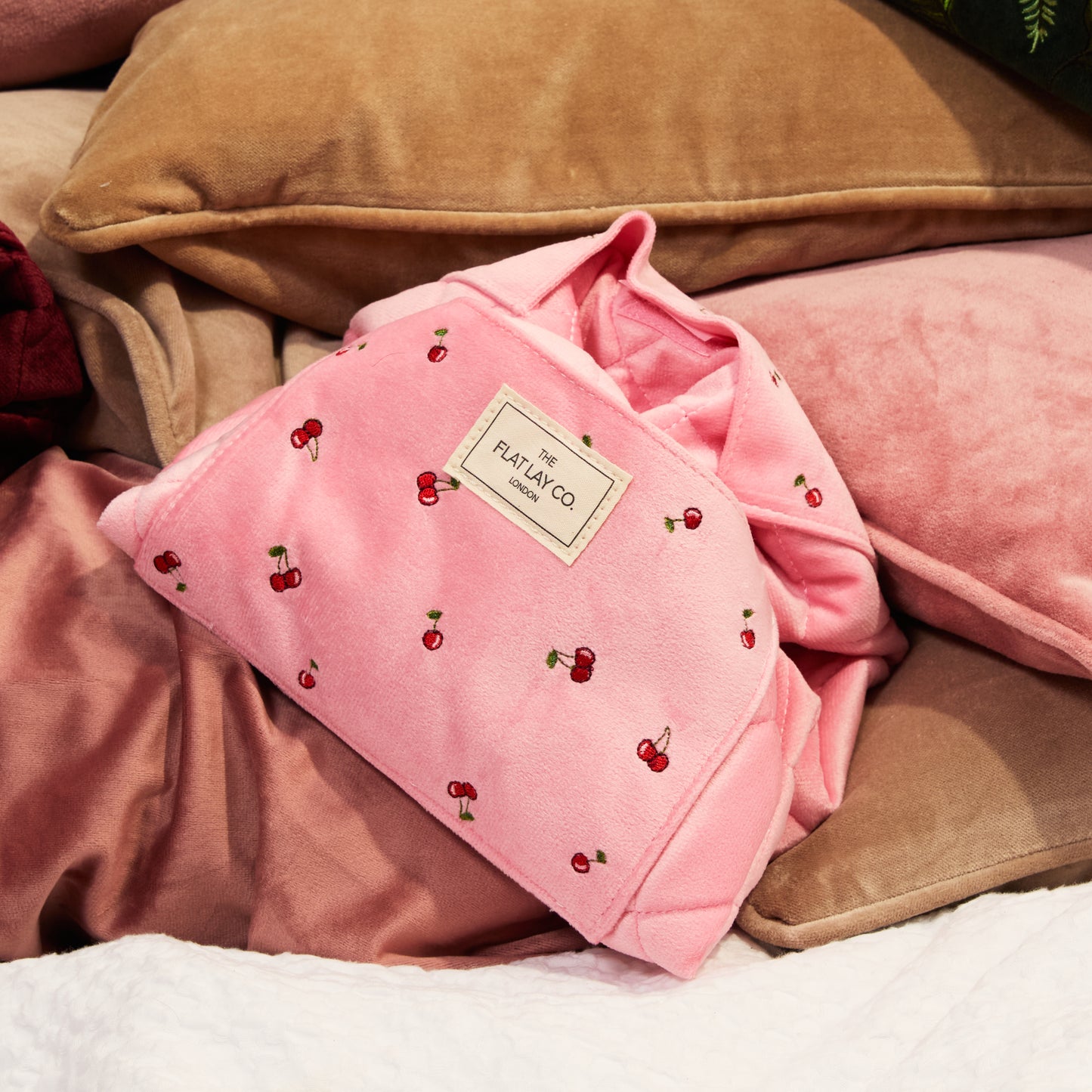 Drawstring Flat Lay Makeup Bag - Ditsy Cherries Pink Embroidered Velvet