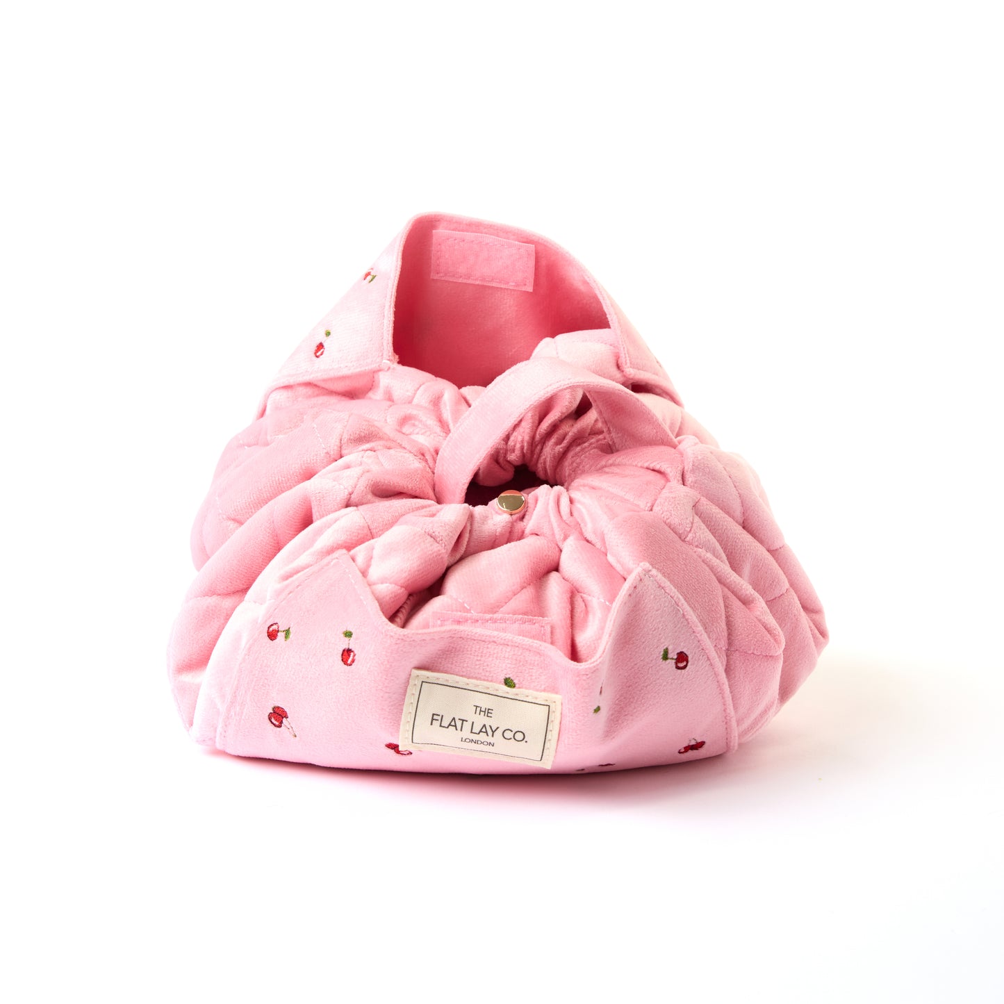 Drawstring Flat Lay Makeup Bag - Ditsy Cherries Pink Embroidered Velvet