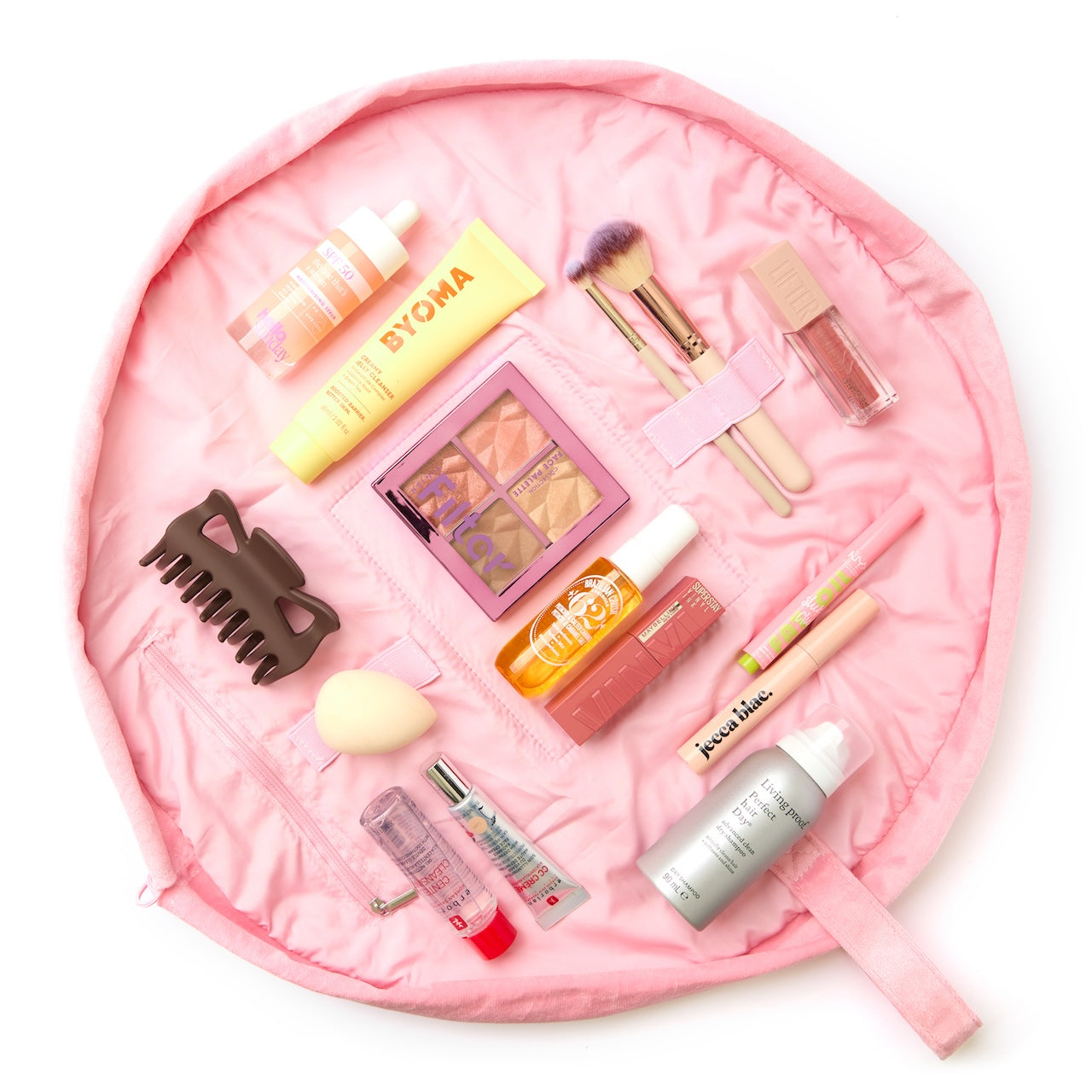 Drawstring Flat Lay Makeup Bag - Ditsy Cherries Pink Embroidered Velvet