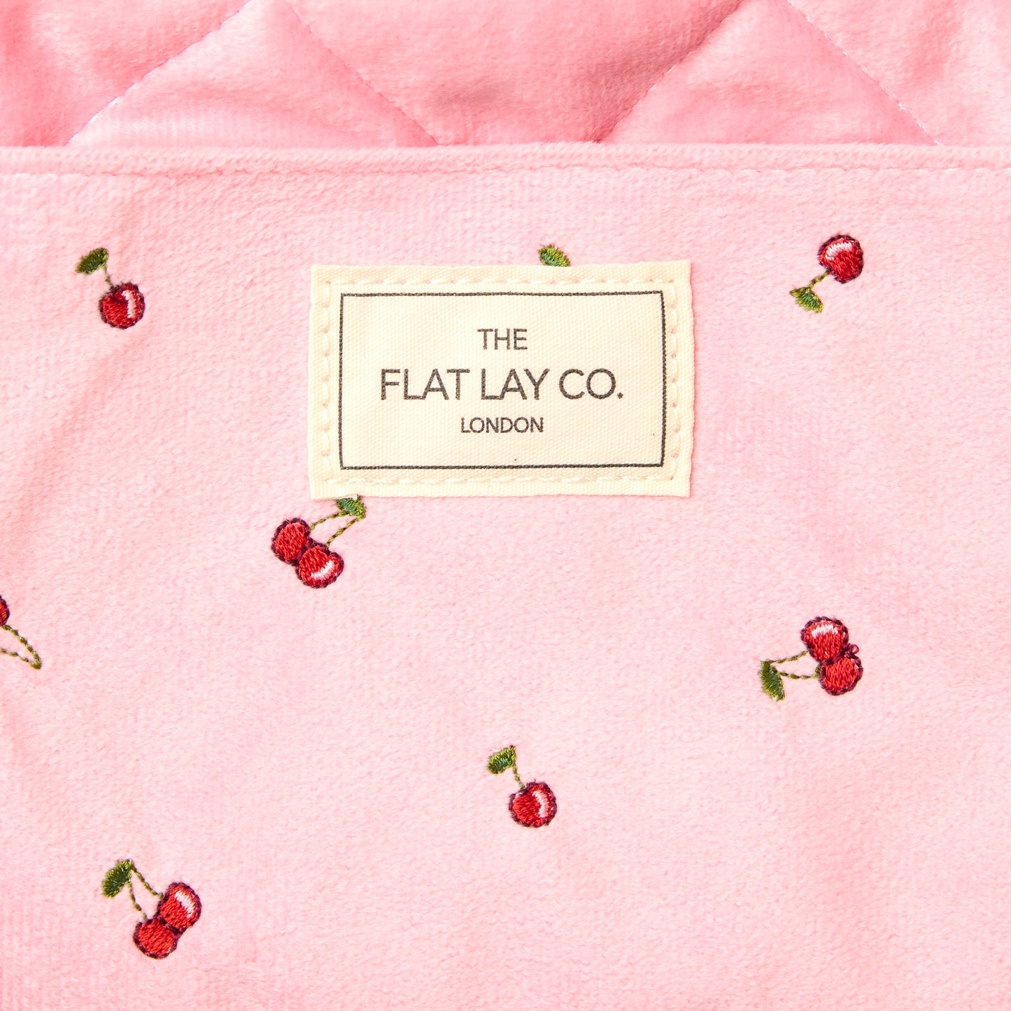 Drawstring Flat Lay Makeup Bag - Ditsy Cherries Pink Embroidered Velvet