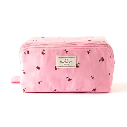 Box-Form Kosmetiktasche - Rosa Ditsy-Kirsch Samt